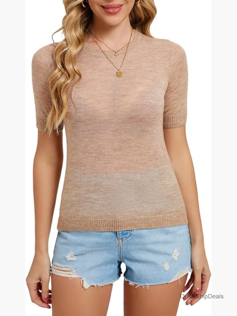 Alpaca Wool Blend Ribbed Pullover Sweater Short Sleeve Slim Fit